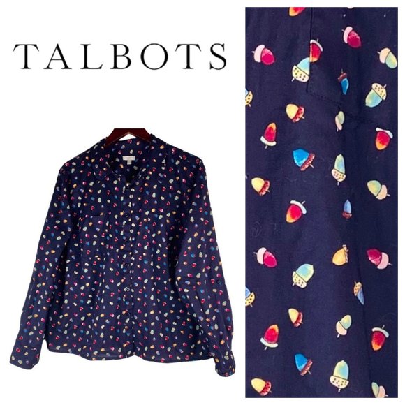 Talbots 2X XXL 18 20 Top Shirt Blouse Acorns Fall Autumn Navy Blue Career - Picture 1 of 4